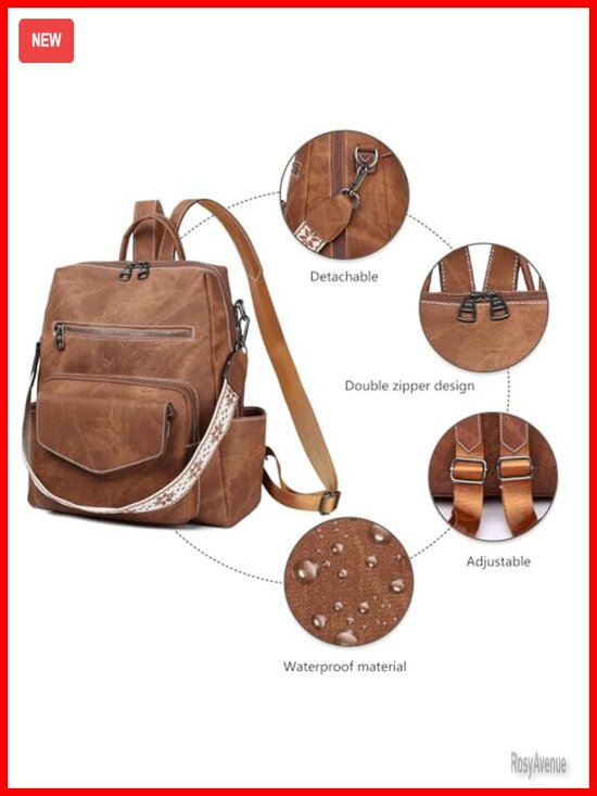 PU Leather Convertible Backpack Purse for Women - 8 Pockets Waterproof Daypack